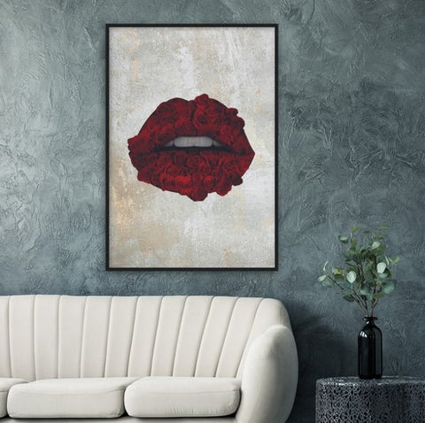 Red Rose Lips Pop Art Wooden Framed Poster