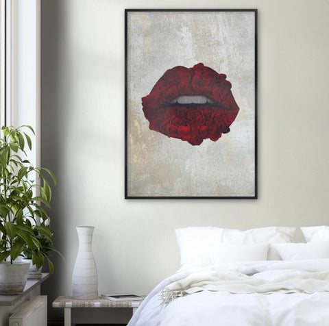 Red Rose Lips Pop Art Wooden Framed Poster